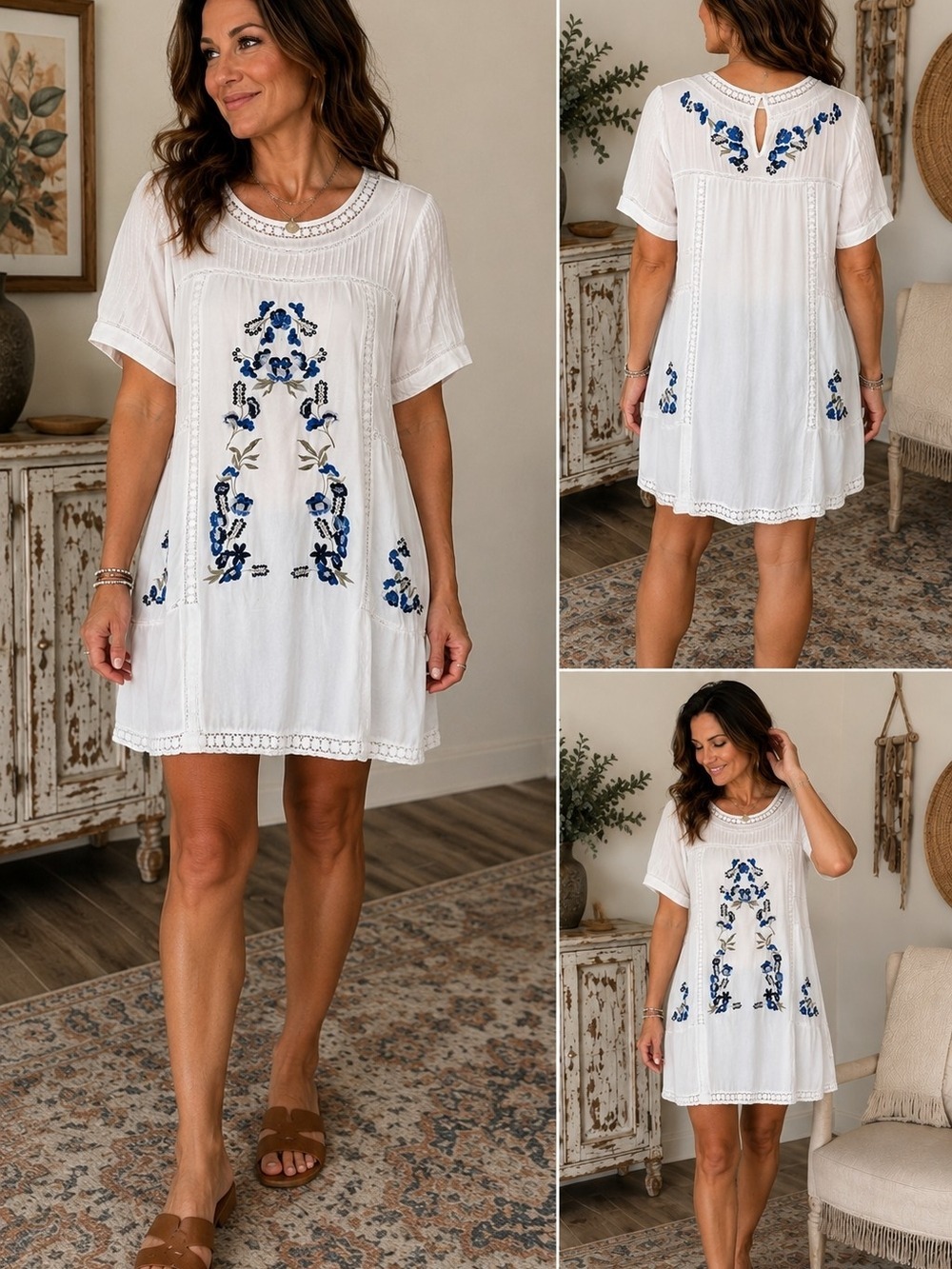 Brass And Roe White Short-Sleeve Tunic with Blue Floral Embroidery